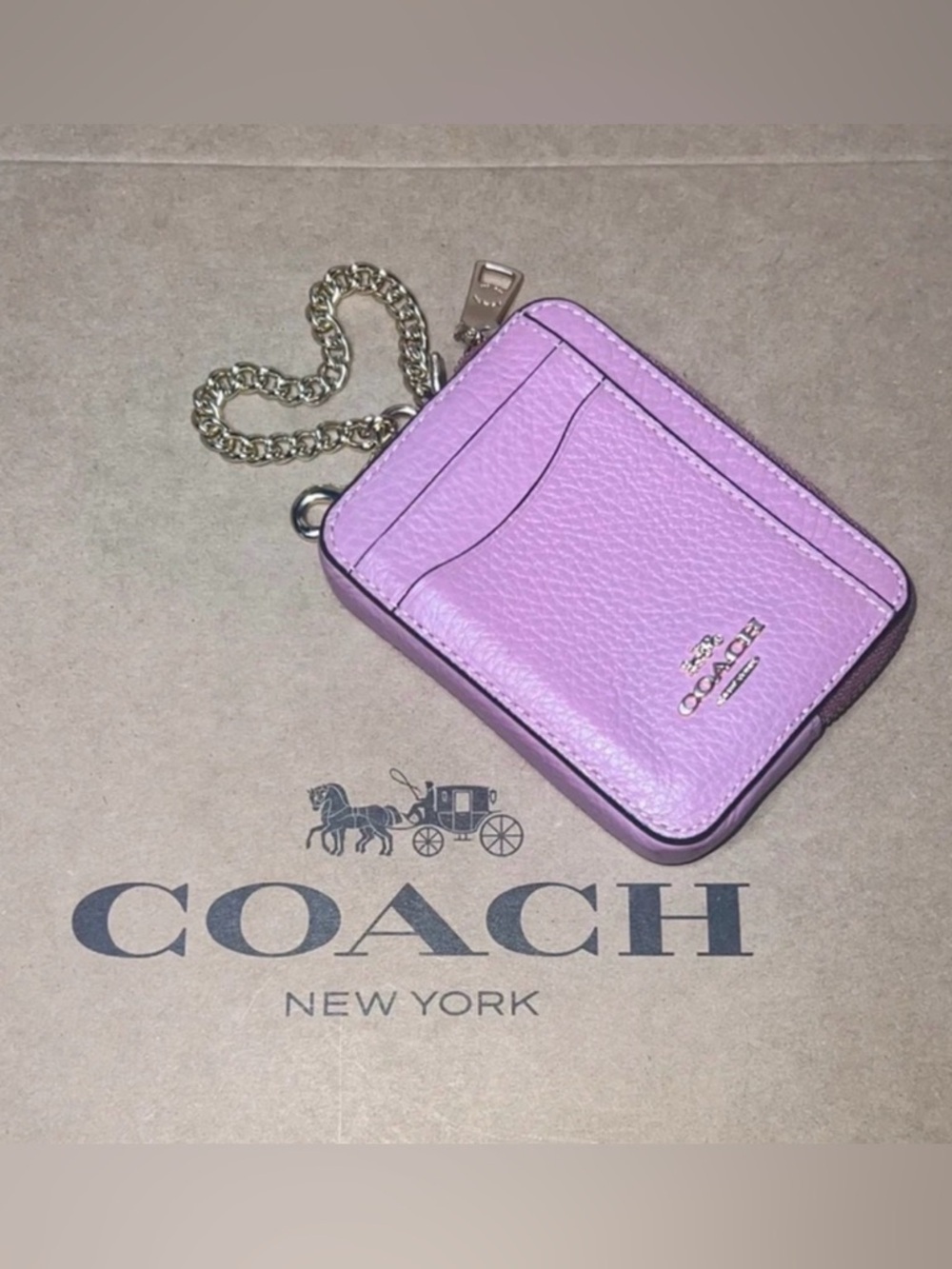 COACH Zip Card Case w Chain Pebble Leather GORGEOUS & AUTHENTIC True Pink & Gold
